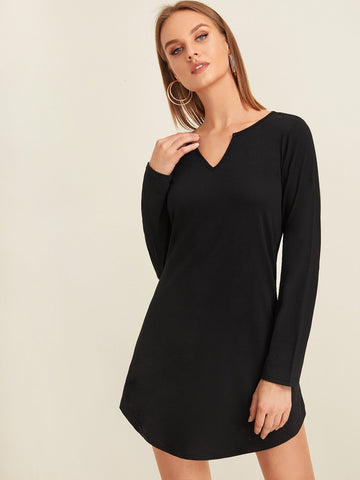 Solid V Neck Curved Hem Dress