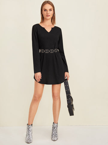 Solid V Neck Curved Hem Dress
