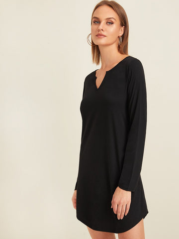 Solid V Neck Curved Hem Dress