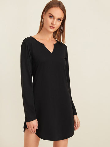 Solid V Neck Curved Hem Dress