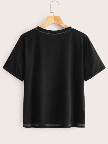 Letter And Cartoon Print Contrast Topstitching Tee