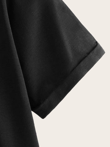 Letter And Cartoon Print Contrast Topstitching Tee