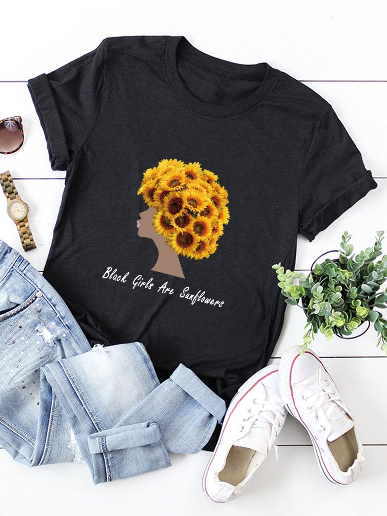 Slogan And Sunflower Print Tee