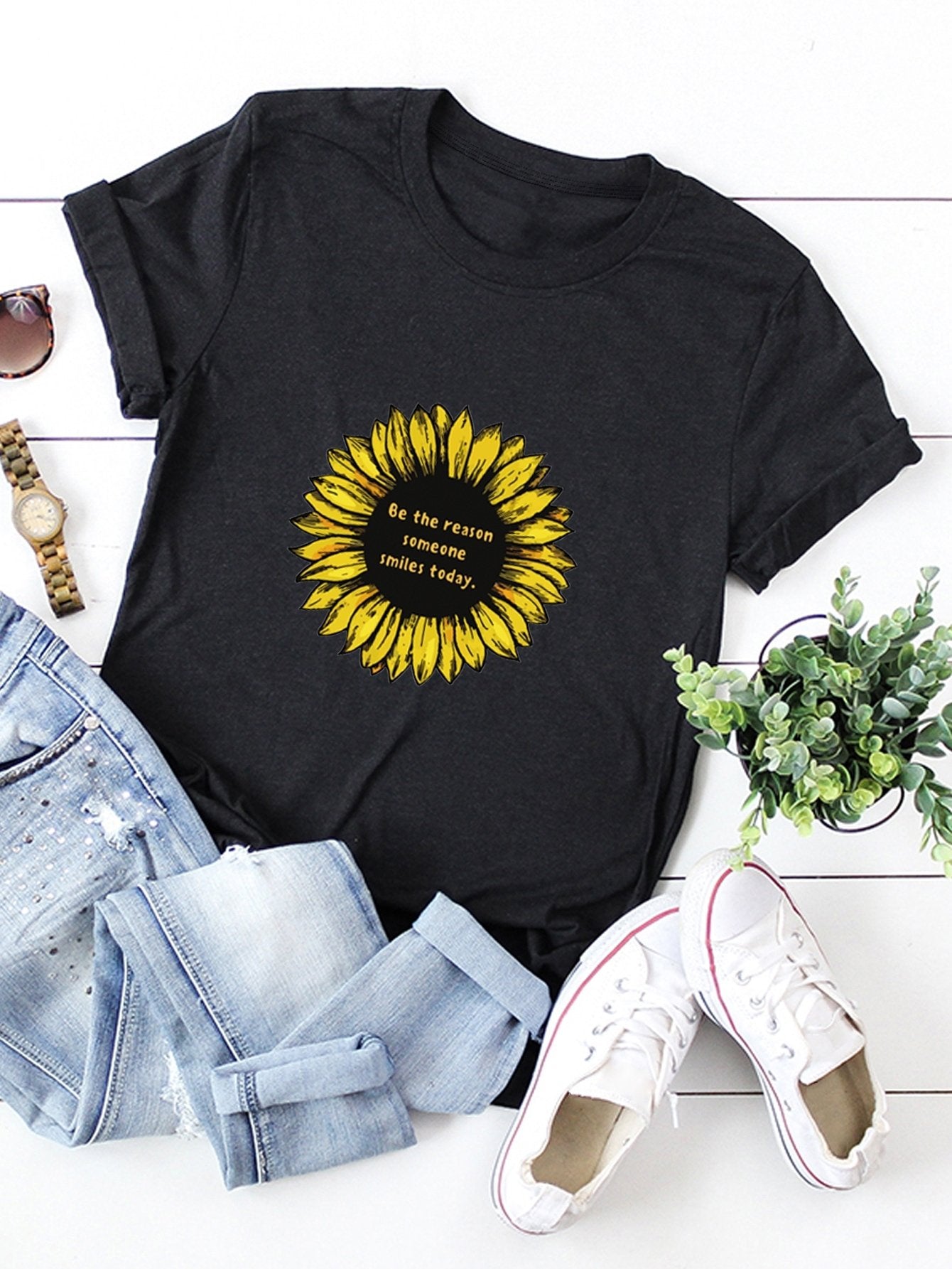 Slogan And Sunflower Print Tee