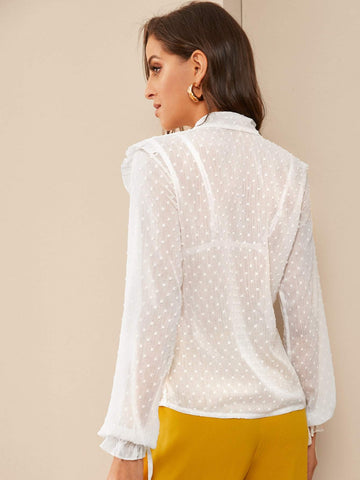 Tie Neck Swiss Dot Frill Blouse