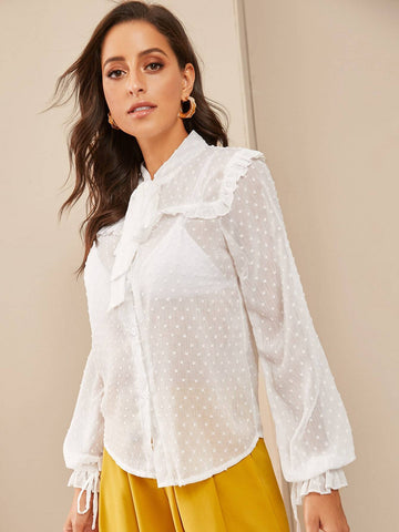 Tie Neck Swiss Dot Frill Blouse