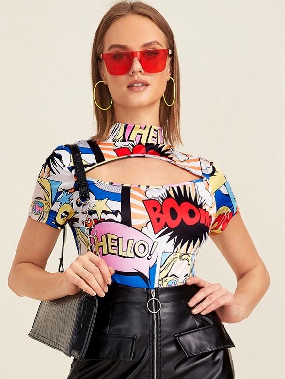Comic Print Cut Out Front Tee