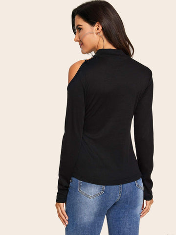 Solid Asymmetrical Neck Ribbed Tee