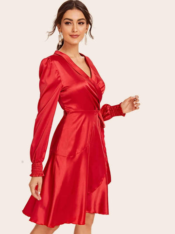 Tie Side Satin Dress With Wrap Skirt