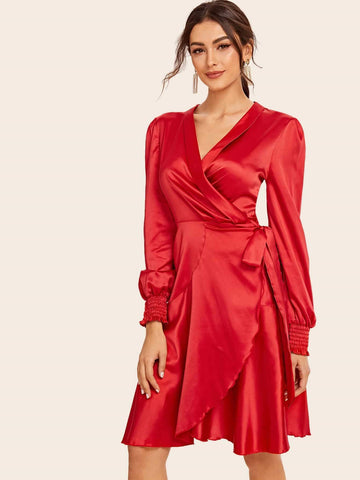 Tie Side Satin Dress With Wrap Skirt