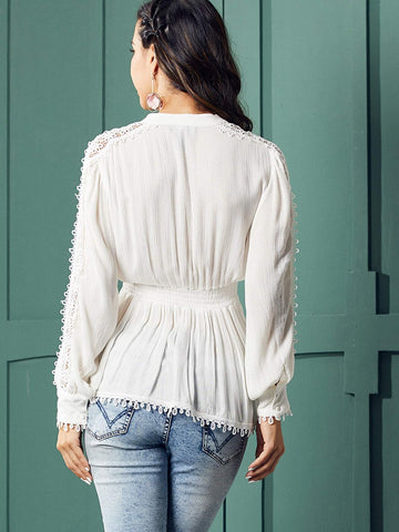 SBetro Guipure Lace Trim Shirred Waist Blouse