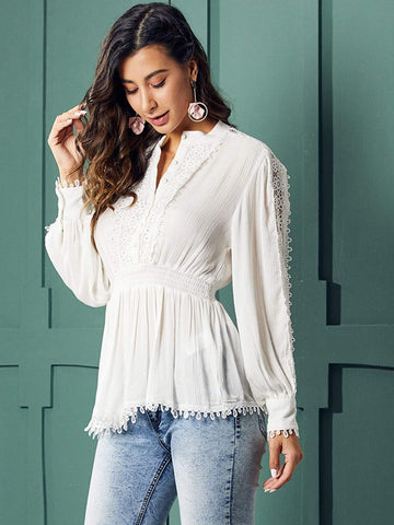 SBetro Guipure Lace Trim Shirred Waist Blouse