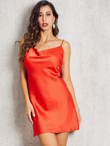SBetro Neon Orange Draped Satin Cami Dress