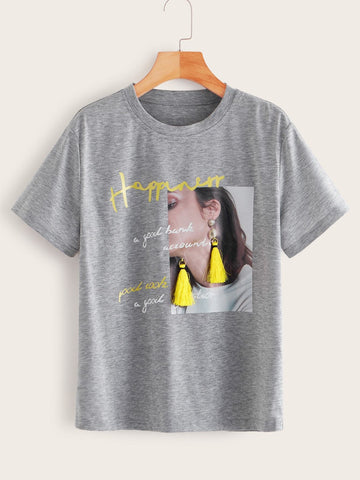 Letter & Figure Graphic Tassel Detail Tee
