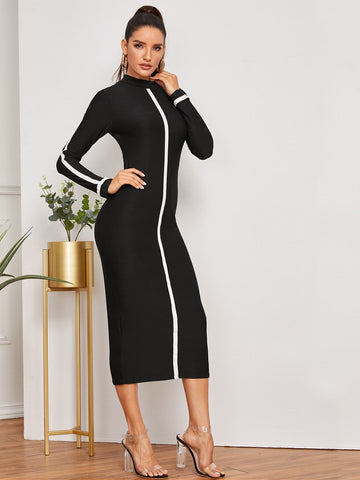 Contrast Tape Mock Neck Bodycon Dress