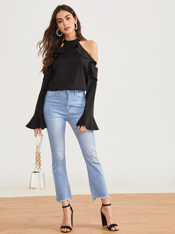 Cold Shoulder Ruffle Trim Halte Blouse