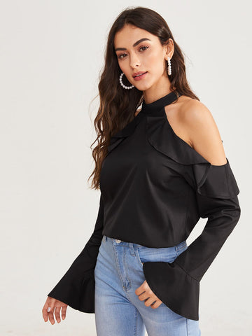 Cold Shoulder Ruffle Trim Halte Blouse