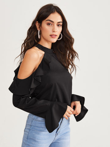 Cold Shoulder Ruffle Trim Halte Blouse