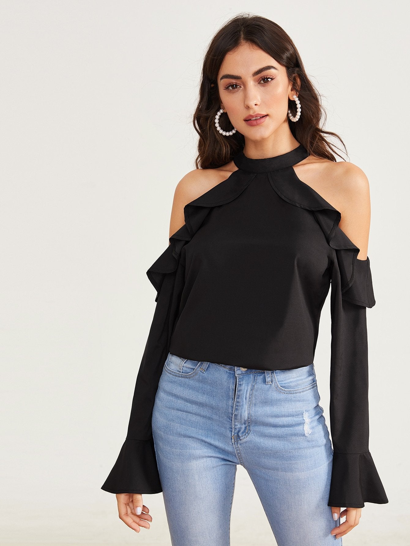Cold Shoulder Ruffle Trim Halte Blouse