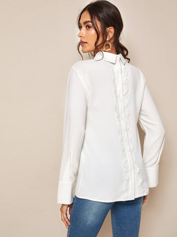 Contrast Lace Button Back Solid Blouse