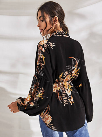 Floral Print Puff Sleeve Shirred Blouse