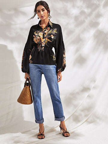 Floral Print Puff Sleeve Shirred Blouse
