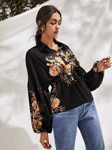 Floral Print Puff Sleeve Shirred Blouse