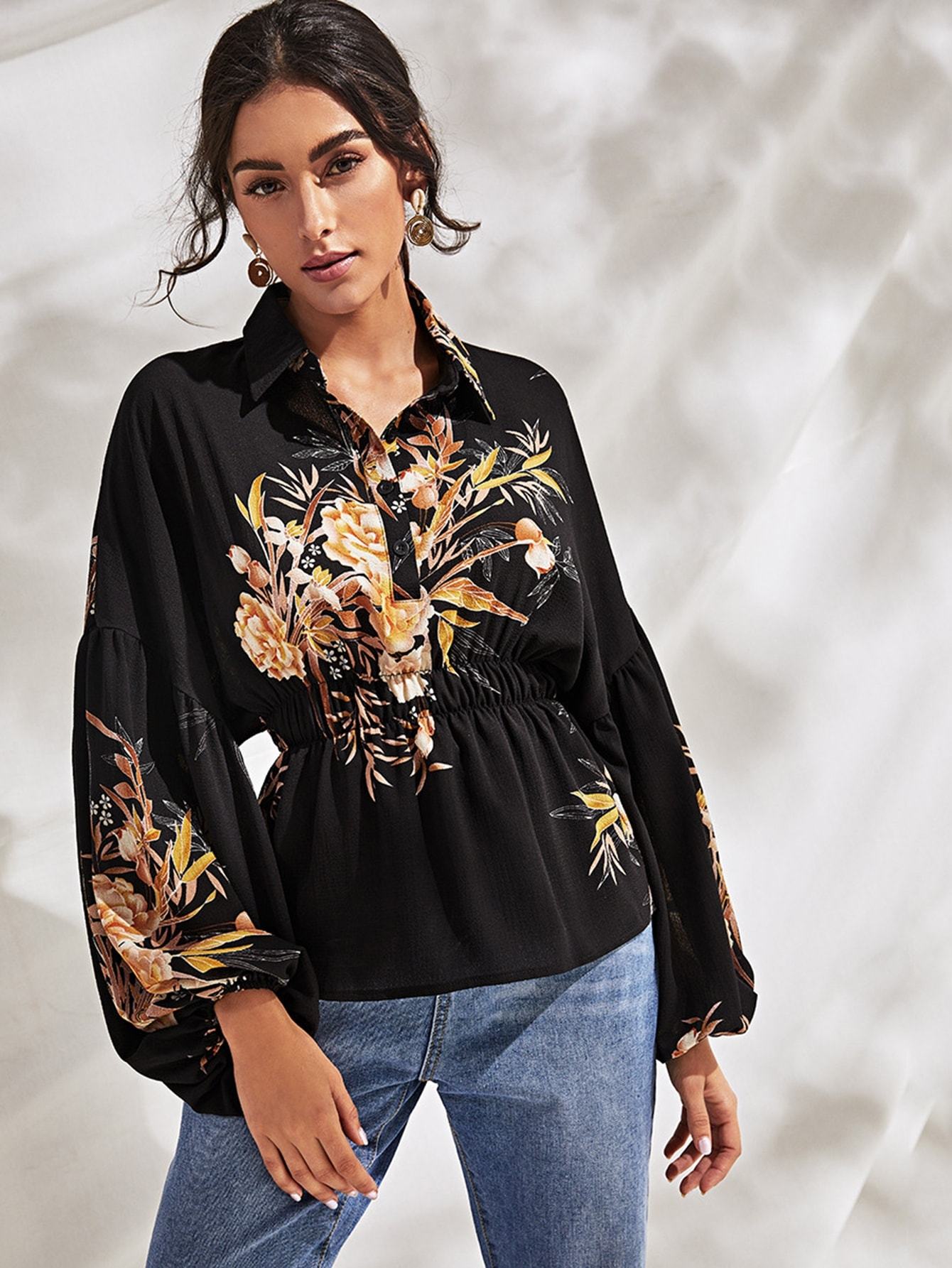 Floral Print Puff Sleeve Shirred Blouse