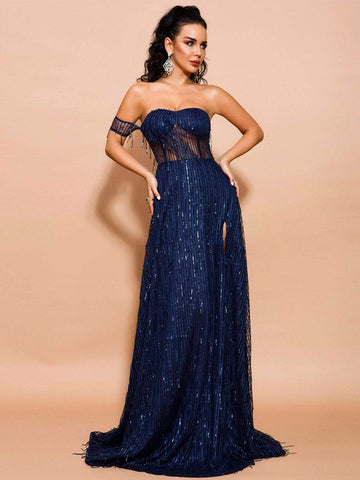 Missord Split Thigh Sequin Bardot Maxi Dress