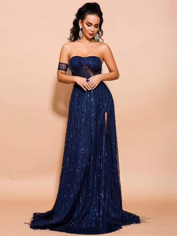 Missord Split Thigh Sequin Bardot Maxi Dress