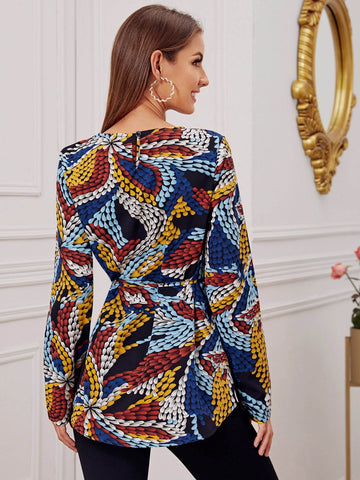 Graphic Print Belted Keyhole Back Blouse