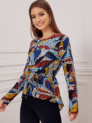 Graphic Print Belted Keyhole Back Blouse