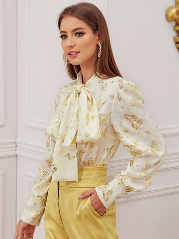 Jacquard Detail Tie Neck Blouse