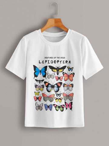Butterfly And Letter Print Tee