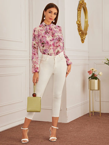 Large Floral Mock Neck Blouse