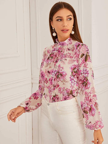 Large Floral Mock Neck Blouse