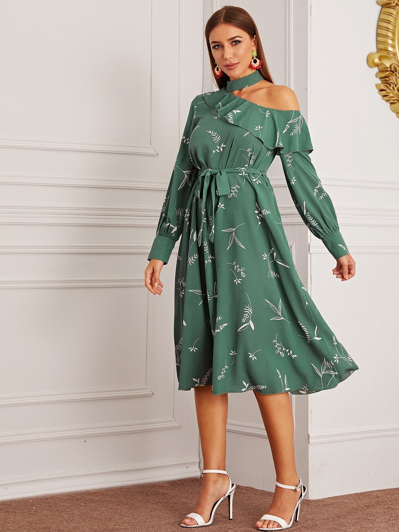 Asymmetric Neck Floral Print Belted Dress