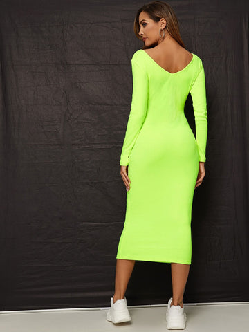 Neon Green Double V-neck Bodycon Dress