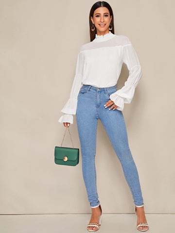 Shirred Frill Neck Flounce Sleeve Blouse