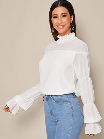 Shirred Frill Neck Flounce Sleeve Blouse