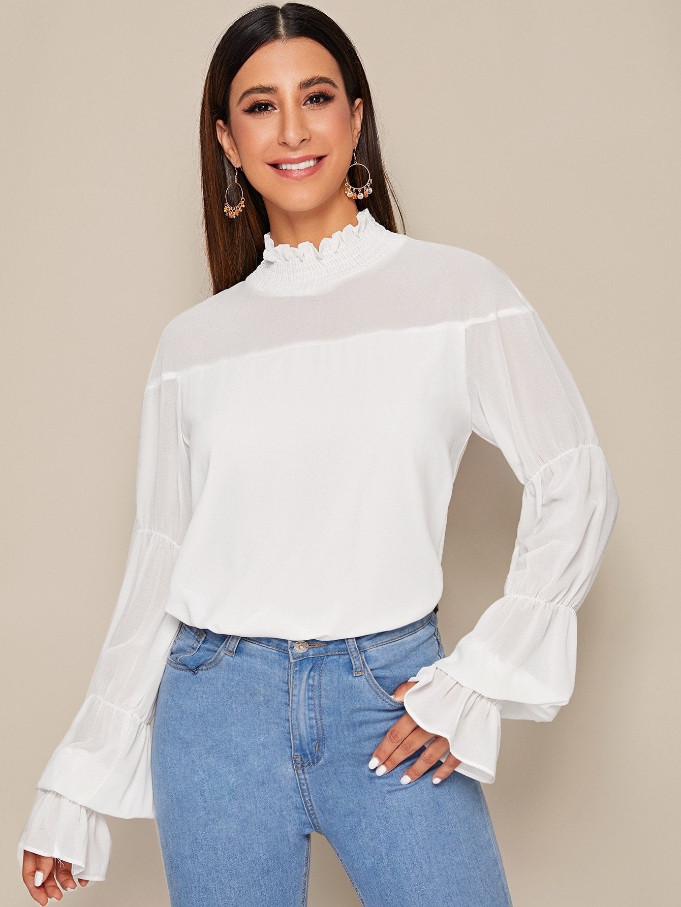 Shirred Frill Neck Flounce Sleeve Blouse
