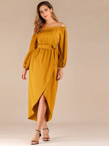 Self Tie Tulip Hem Frill Bardot Dress