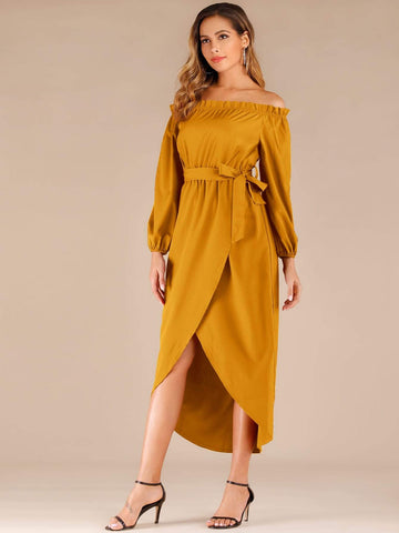 Self Tie Tulip Hem Frill Bardot Dress