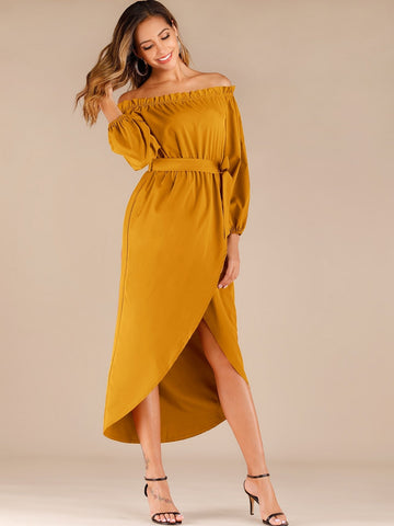 Self Tie Tulip Hem Frill Bardot Dress