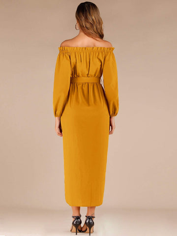 Self Tie Tulip Hem Frill Bardot Dress