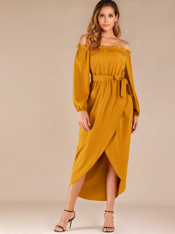 Self Tie Tulip Hem Frill Bardot Dress