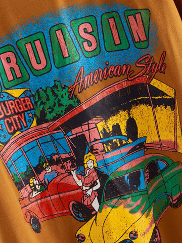 Car & Letter Print Round Neck Tee