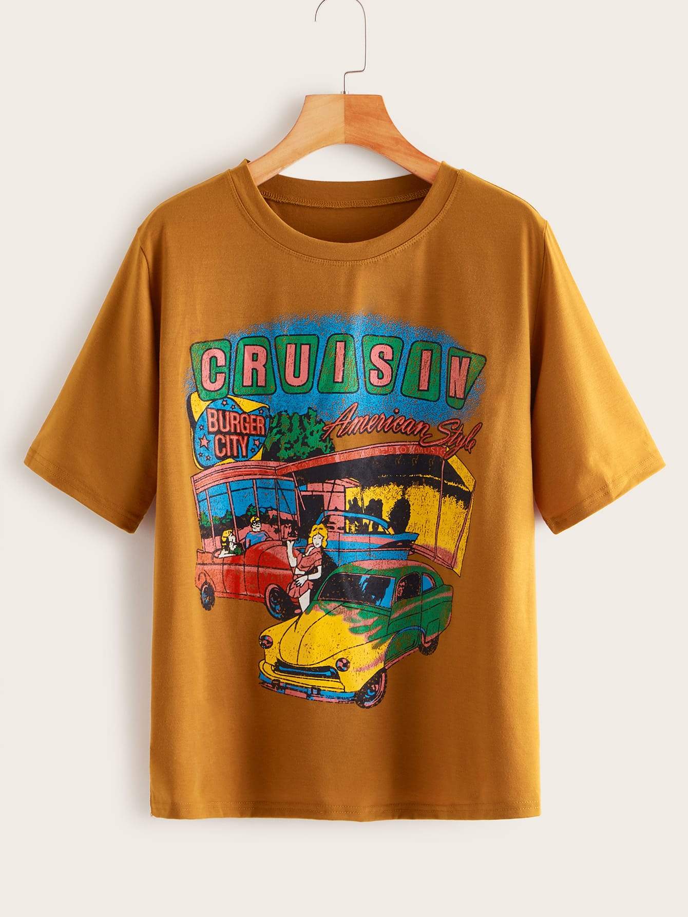 Car & Letter Print Round Neck Tee