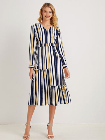 Block Striped Frill Trim Dress