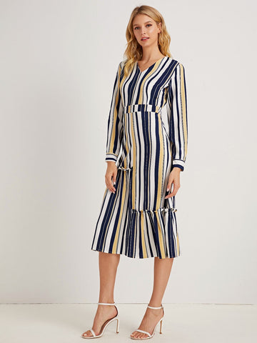 Block Striped Frill Trim Dress